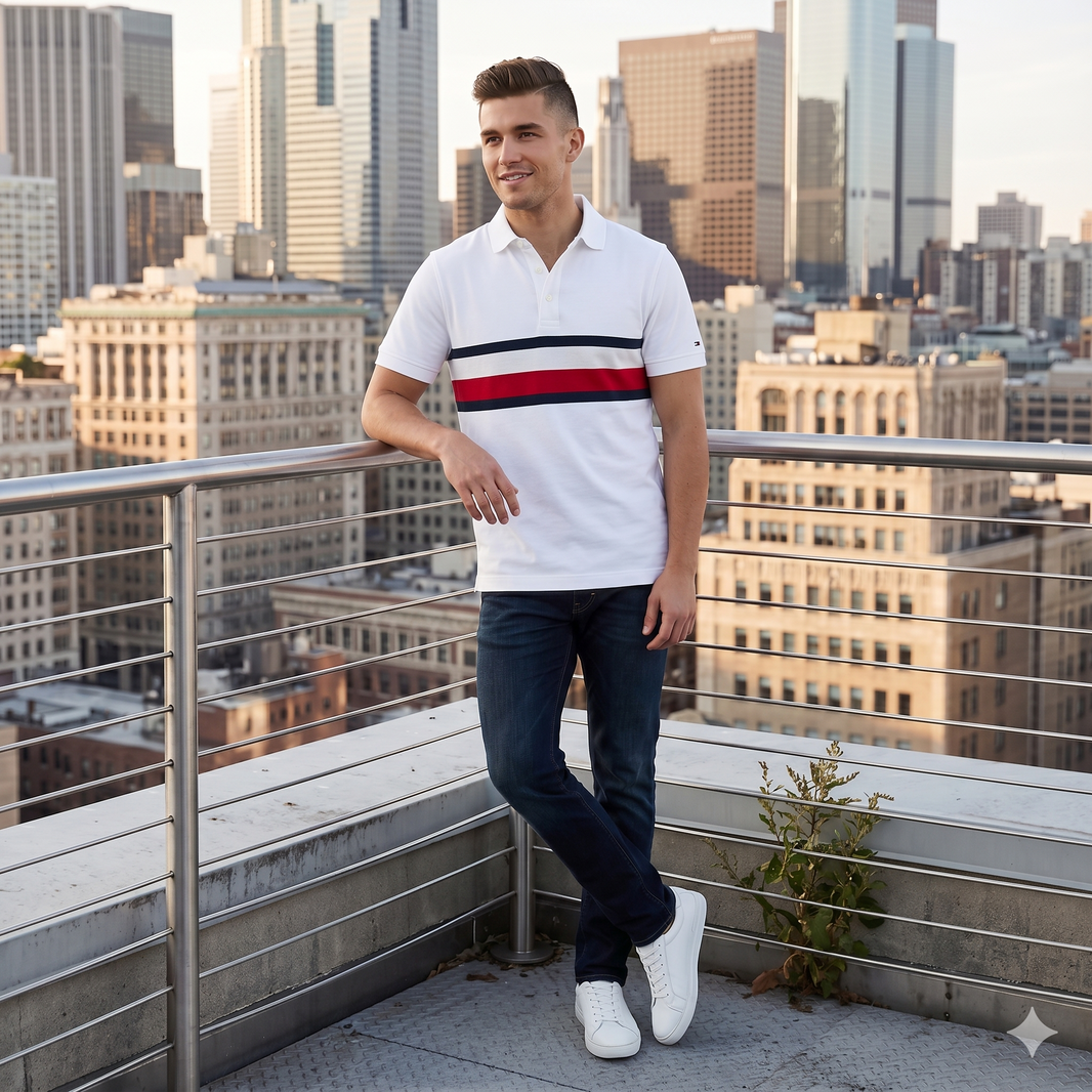 Polo Blanco con Franjas Tommy Hilfiger